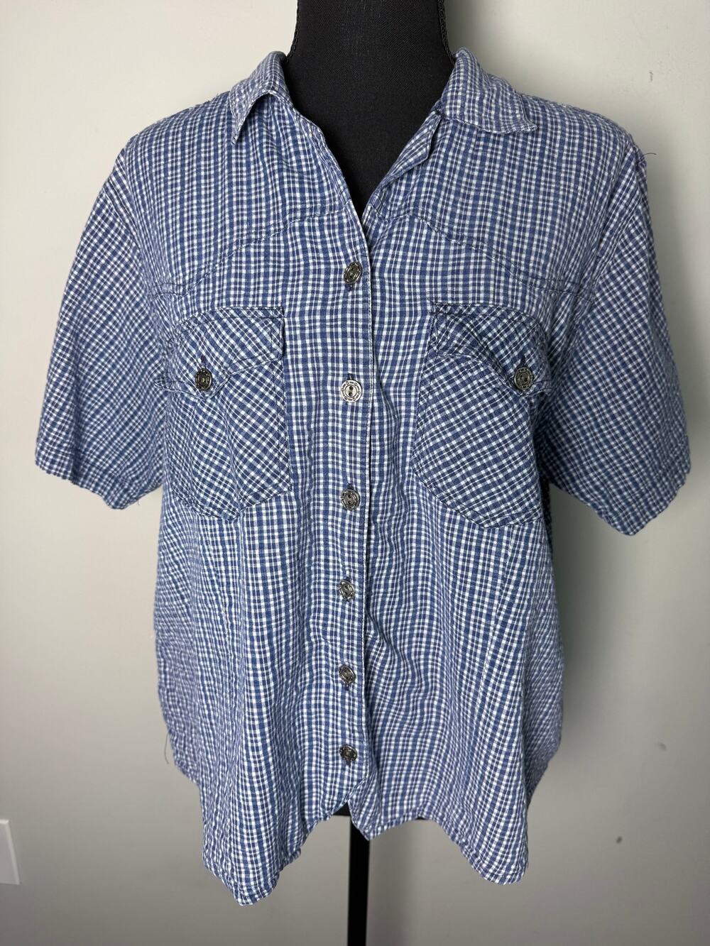 Stefano International Gingham Plaid Cutout Back Top Blue White Short Sleeve XL